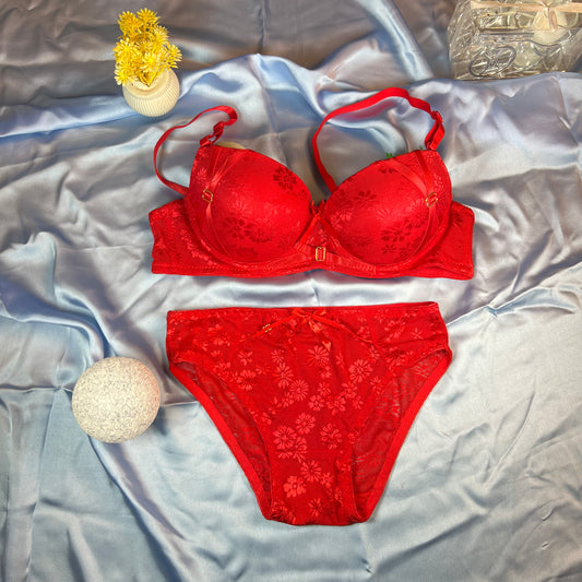 Feather Fit Scarlet Lace Luxe Set – Padded Underwired Floral Lace Bra & Panty Set for Women Pakistan