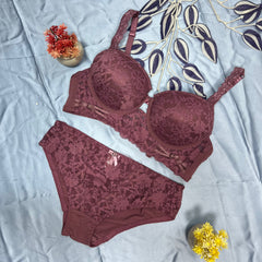 Feather Fit Midnight Lace Luxe Bridal Set – Wireless Floral Embroidery Bra & Panty Set for Women Pakistan