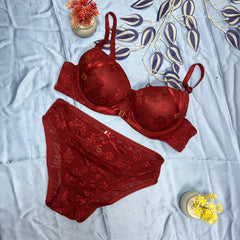 Feather Fit Midnight Lace Luxe Bridal Set – Wireless Floral Embroidery Bra & Panty Set for Women Pakistan