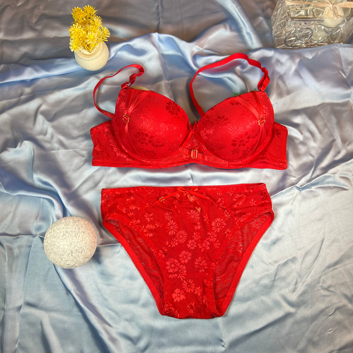 Feather Fit Scarlet Lace Luxe Set – Padded Underwired Floral Lace Bra & Panty Set for Women Pakistan