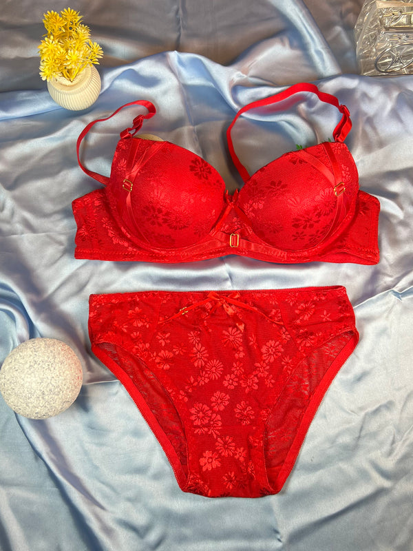 Feather Fit Scarlet Lace Luxe Set – Padded Underwired Floral Lace Bra & Panty Set for Women Pakistan