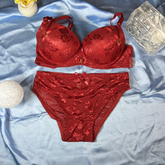 Feather Fit Scarlet Lace Luxe Set – Padded Underwired Floral Lace Bra & Panty Set for Women Pakistan