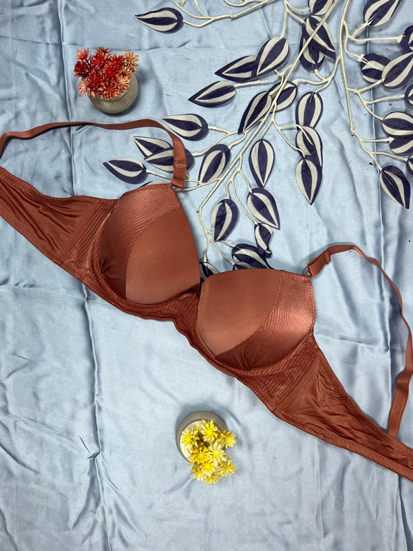 Feather Fit Mocha Satin Luxe Padded Bra – Wireless High-Support Everyday T-Shirt Bra for Women Pakistan