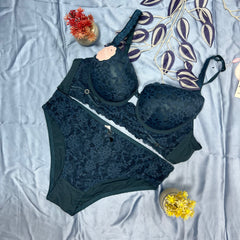 Feather Fit Midnight Lace Luxe Bridal Set – Wireless Floral Embroidery Bra & Panty Set for Women Pakistan