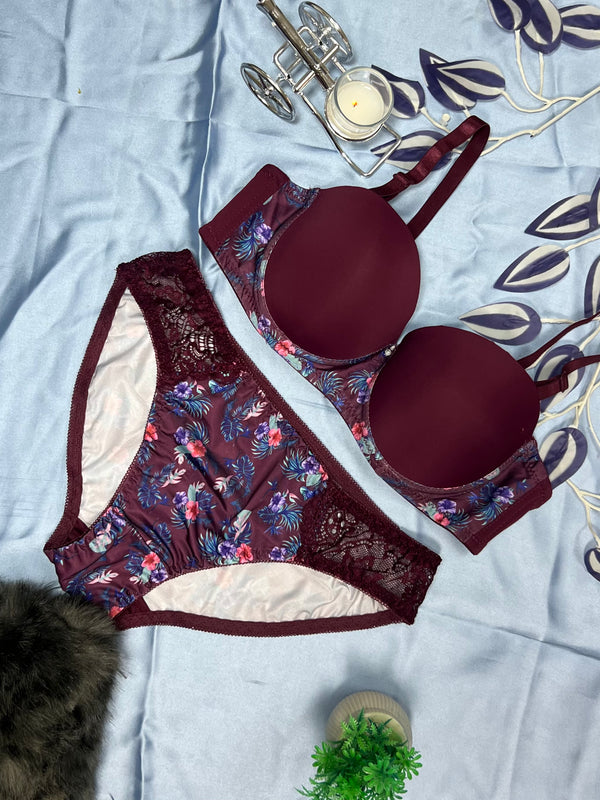 Feather Fit Tropical Lace Bloom Set – Wireless Maroon Bra & Panty Set with Floral Print for Women Pakistan