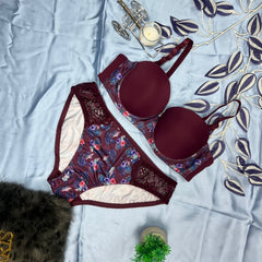 Feather Fit Tropical Lace Bloom Set – Wireless Maroon Bra & Panty Set with Floral Print for Women Pakistan