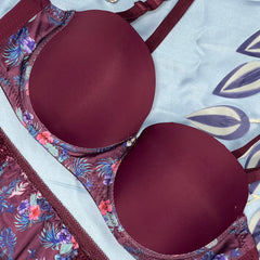 Feather Fit Tropical Lace Bloom Set – Wireless Maroon Bra & Panty Set with Floral Print for Women Pakistan